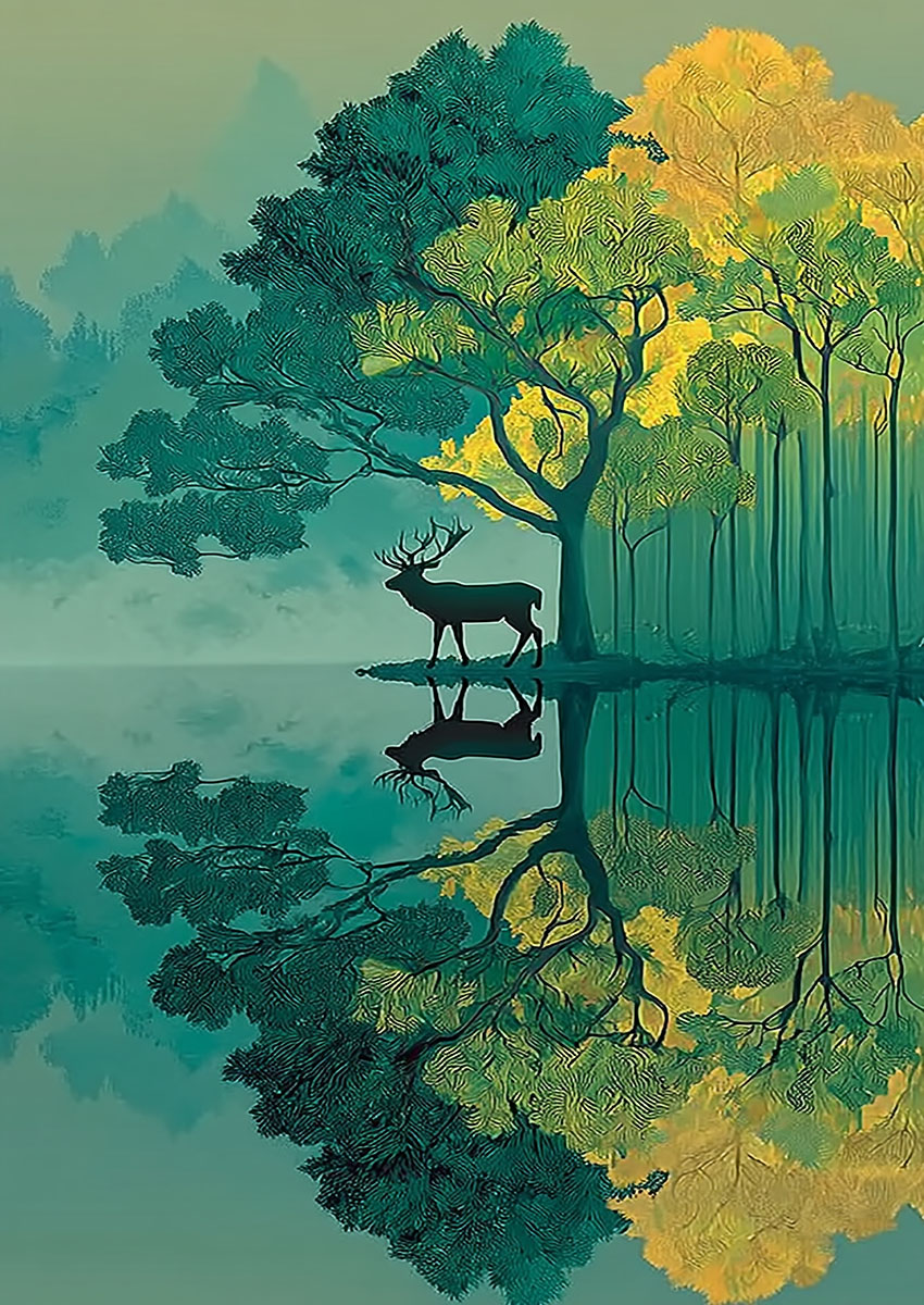 Stag Silhouette in a Reflective Landscape Canvas Print & Poster Wall Art - AI PRINT LAB